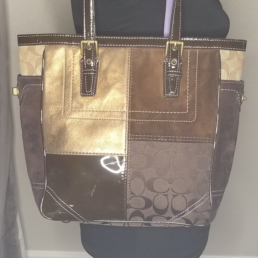 Coach Brown Patchwork Suede Leather Jacquard Bag - image 5